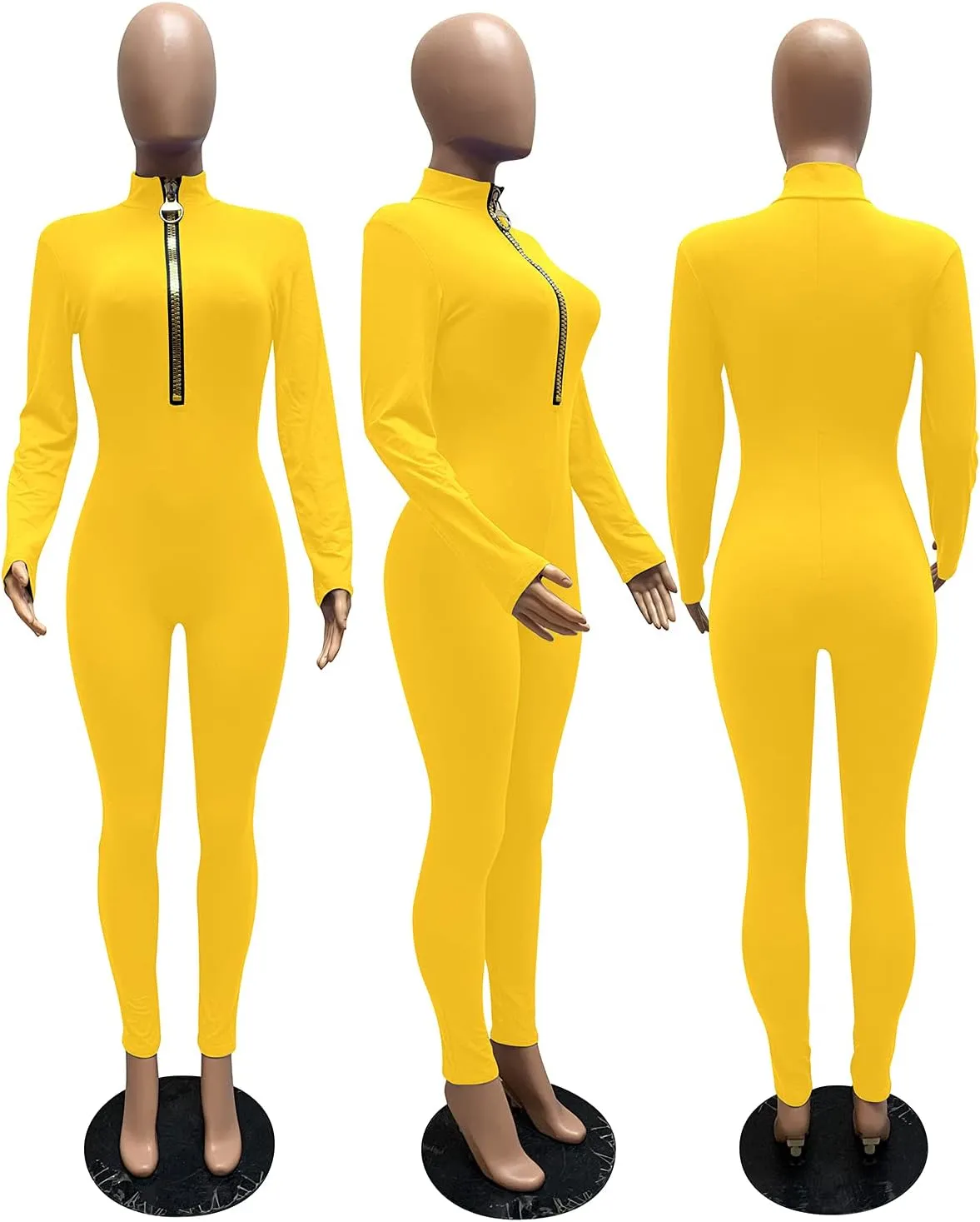 ECHOINE Sexy Jumpsuits for Women Long Sleeve V Neck Zipper Casual One Piece Rompers Bodycon Outfits