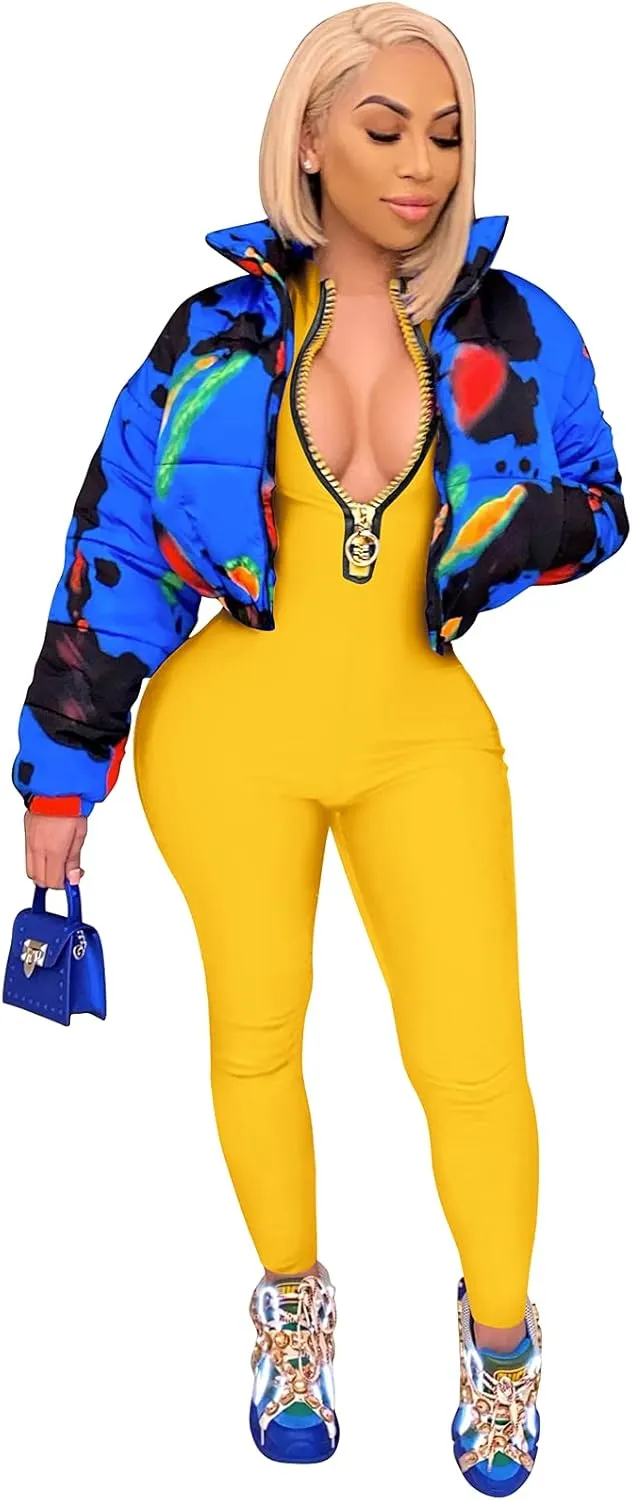 ECHOINE Sexy Jumpsuits for Women Long Sleeve V Neck Zipper Casual One Piece Rompers Bodycon Outfits