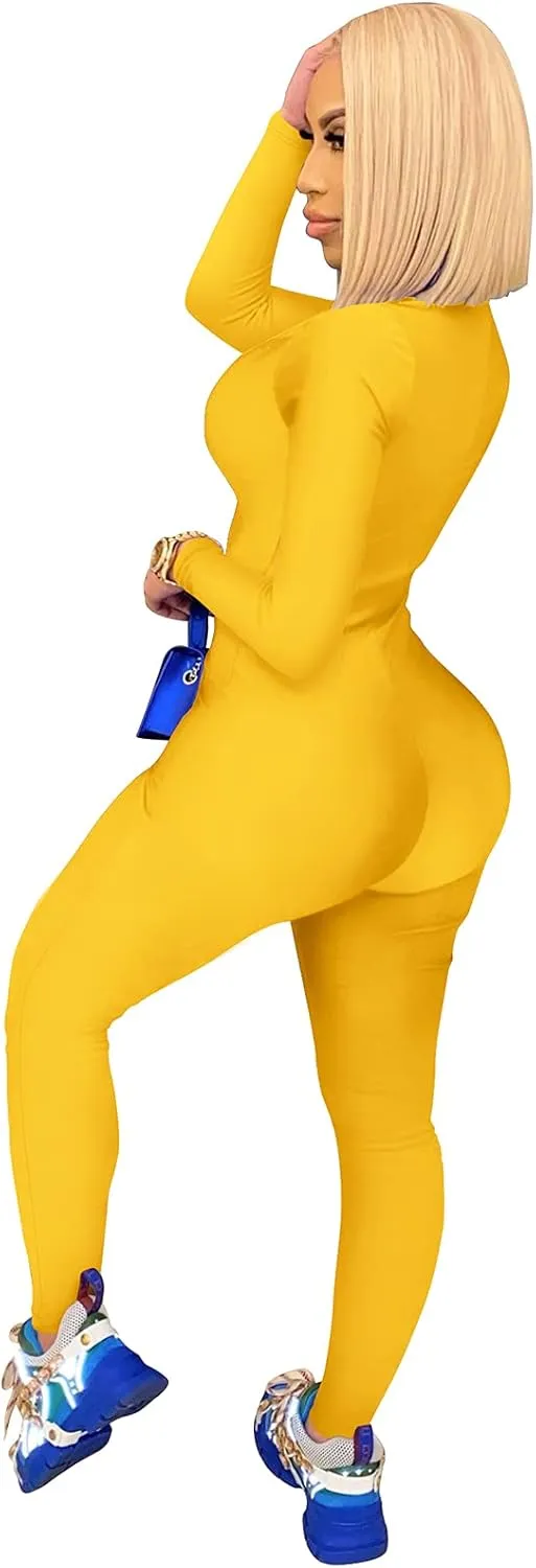 ECHOINE Sexy Jumpsuits for Women Long Sleeve V Neck Zipper Casual One Piece Rompers Bodycon Outfits