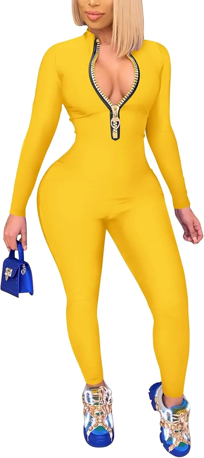 ECHOINE Sexy Jumpsuits for Women Long Sleeve V Neck Zipper Casual One Piece Rompers Bodycon Outfits