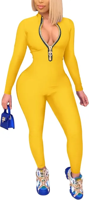 ECHOINE Sexy Jumpsuits for Women Long Sleeve V Neck Zipper Casual One Piece Rompers Bodycon Outfits