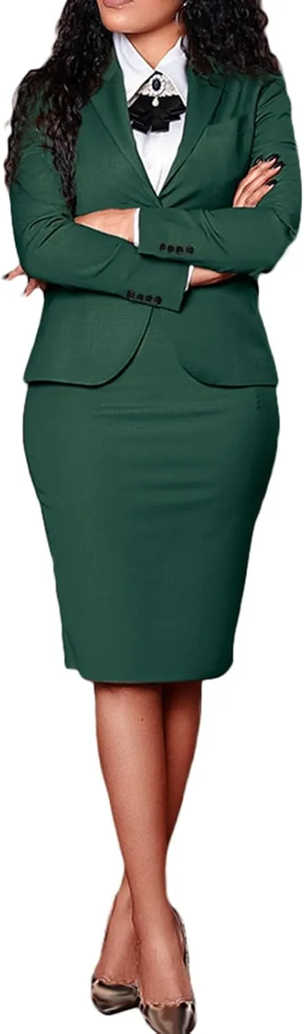 Ecirod Business Suit Skirt Sets Women 2 Piece Outfits Formal Fall Long Sleeve Blazer Slit Pencil Midi Skirt Set