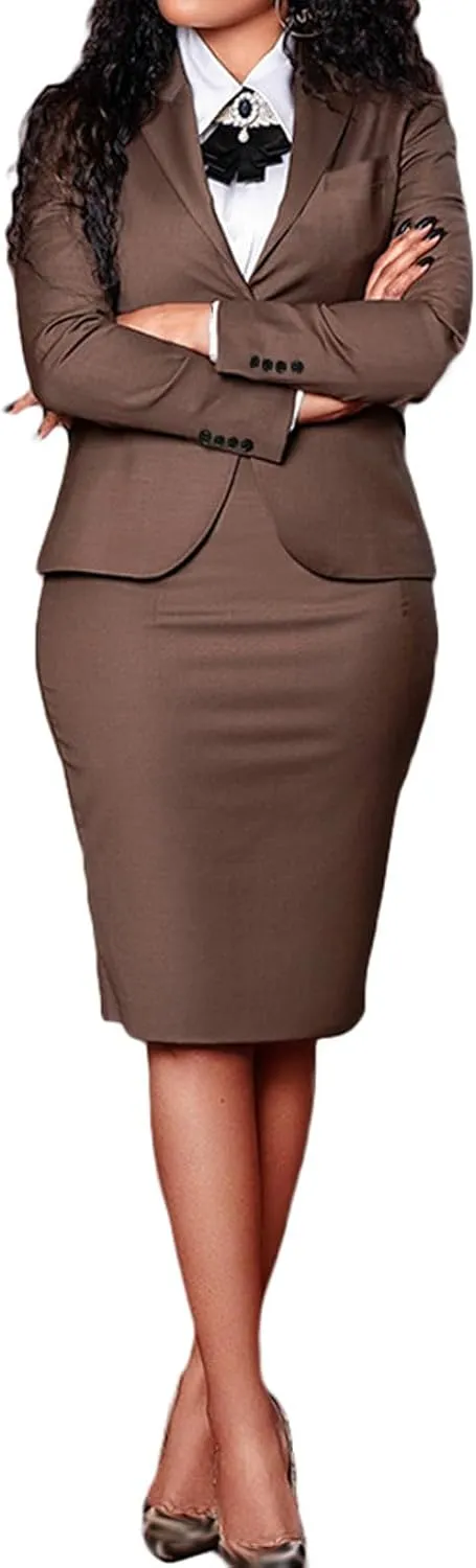 Ecirod Business Suit Skirt Sets Women 2 Piece Outfits Formal Fall Long Sleeve Blazer Slit Pencil Midi Skirt Set