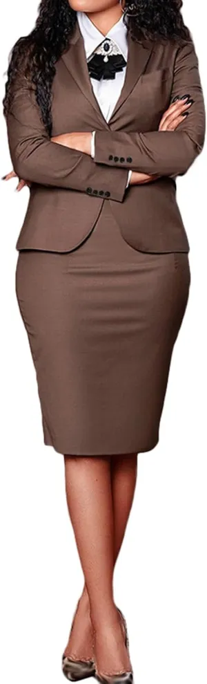 Ecirod Business Suit Skirt Sets Women 2 Piece Outfits Formal Fall Long Sleeve Blazer Slit Pencil Midi Skirt Set