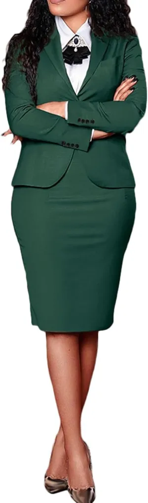 Ecirod Business Suit Skirt Sets Women 2 Piece Outfits Formal Fall Long Sleeve Blazer Slit Pencil Midi Skirt Set