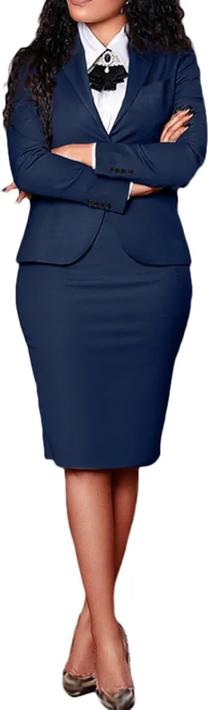 Ecirod Business Suit Skirt Sets Women 2 Piece Outfits Formal Fall Long Sleeve Blazer Slit Pencil Midi Skirt Set