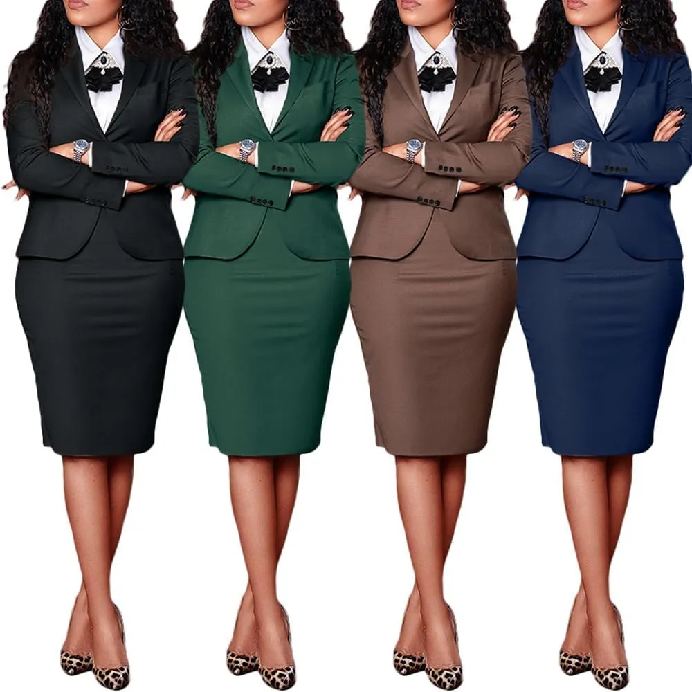 Ecirod Business Suit Skirt Sets Women 2 Piece Outfits Formal Fall Long Sleeve Blazer Slit Pencil Midi Skirt Set