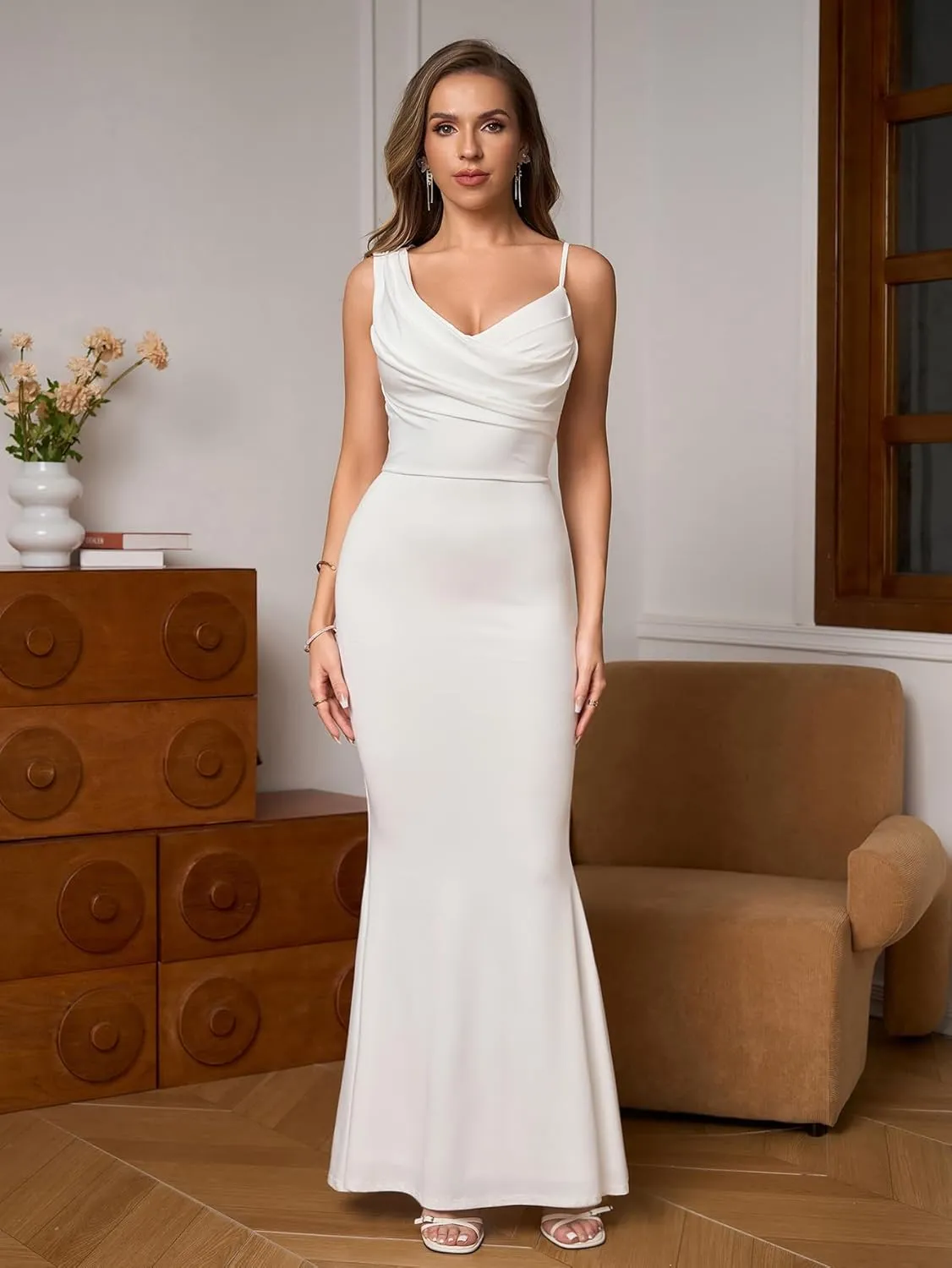 EYNMIN Long Formal Dress Spaghetti Strap Sleeveless Bodycon Elegant Maxi Dresses for Wedding Guest