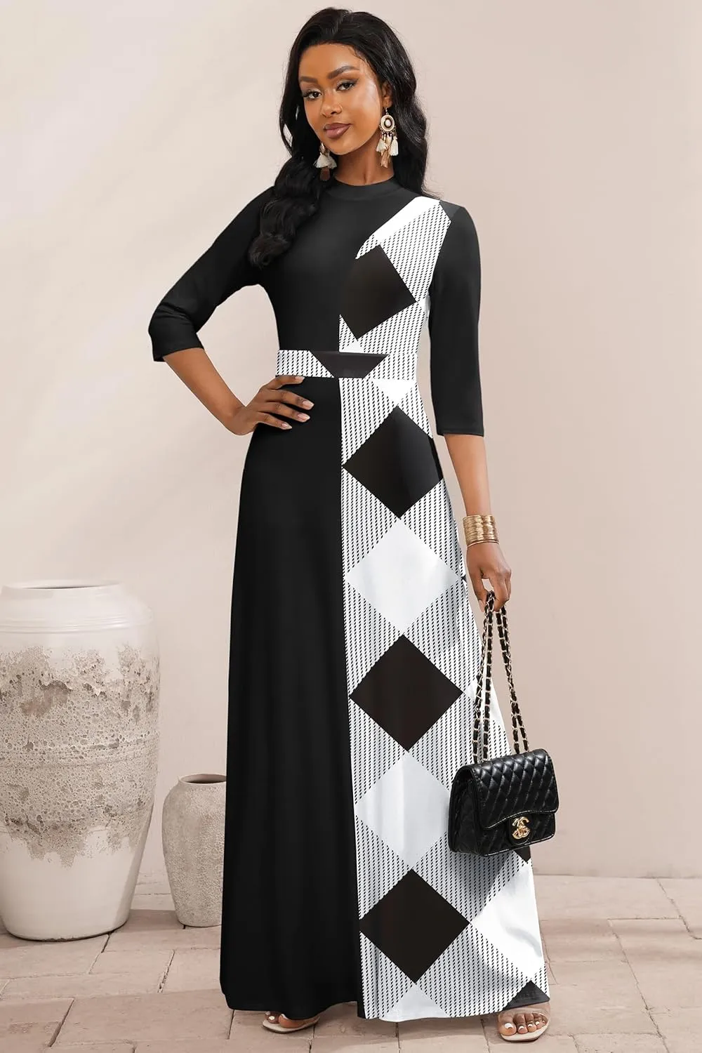 FANDEE Maxi Dresses for Women 3/4 Sleeve Colorblock Church Dress Mock Neck Wedding Guest Work Dress