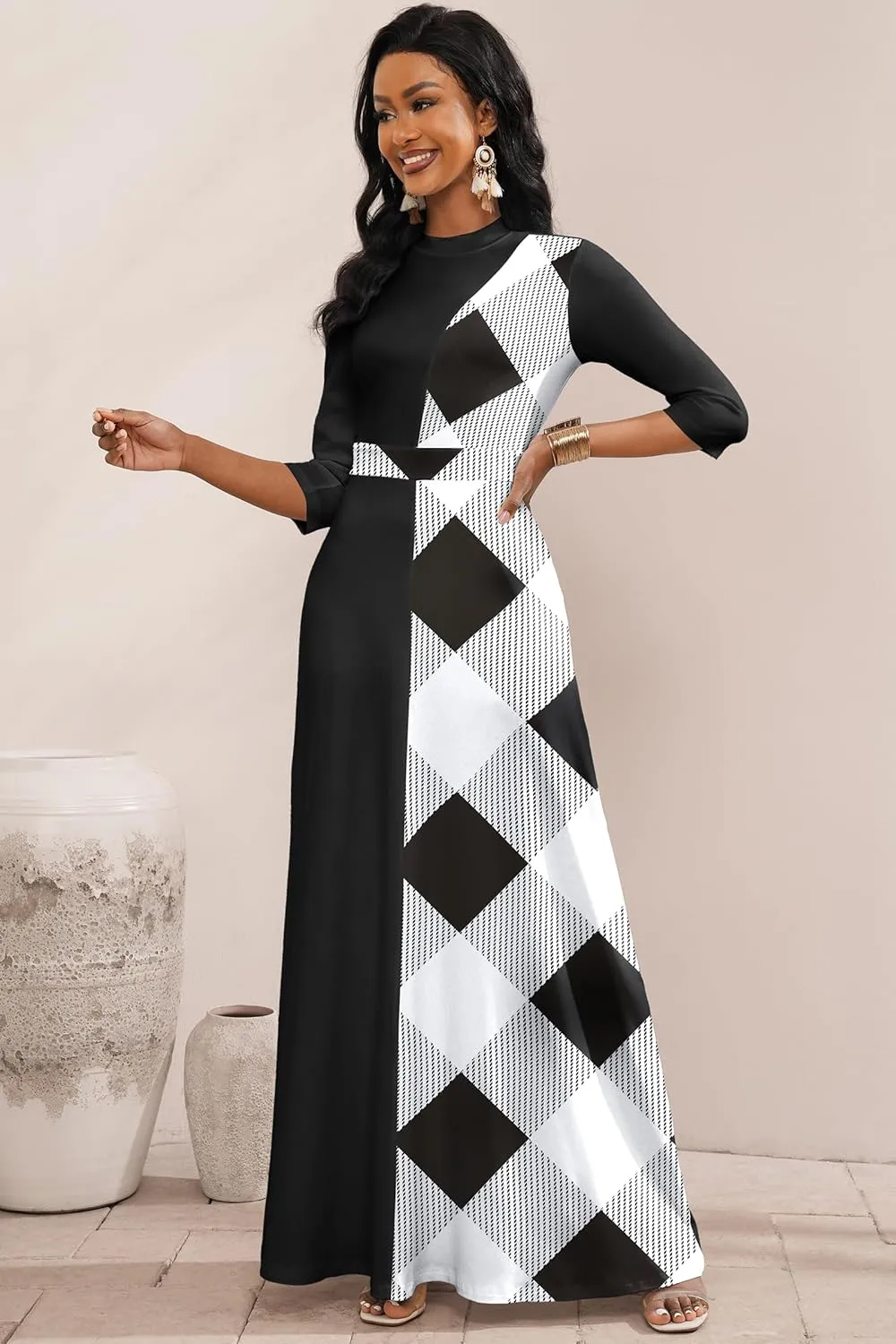 FANDEE Maxi Dresses for Women 3/4 Sleeve Colorblock Church Dress Mock Neck Wedding Guest Work Dress