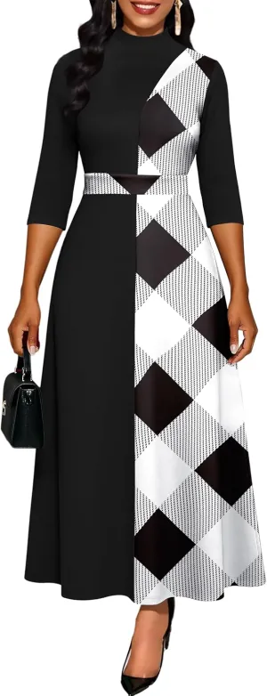 FANDEE Maxi Dresses for Women 3/4 Sleeve Colorblock Church Dress Mock Neck Wedding Guest Work Dress