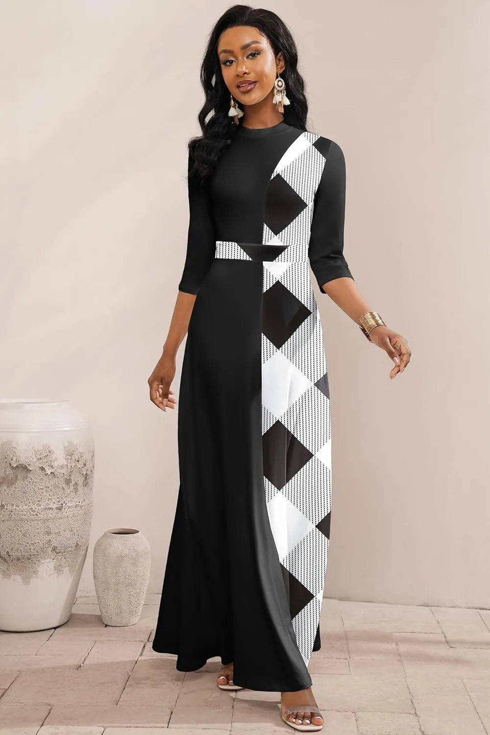 FANDEE Maxi Dresses for Women 3/4 Sleeve Colorblock Church Dress Mock Neck Wedding Guest Work Dress