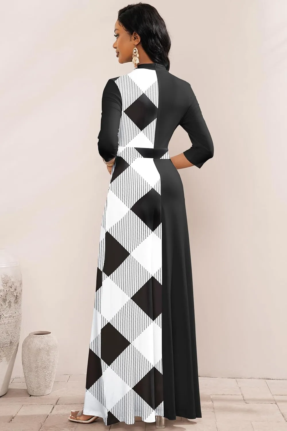 FANDEE Maxi Dresses for Women 3/4 Sleeve Colorblock Church Dress Mock Neck Wedding Guest Work Dress