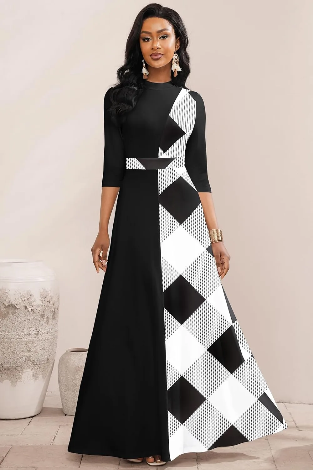 FANDEE Maxi Dresses for Women 3/4 Sleeve Colorblock Church Dress Mock Neck Wedding Guest Work Dress
