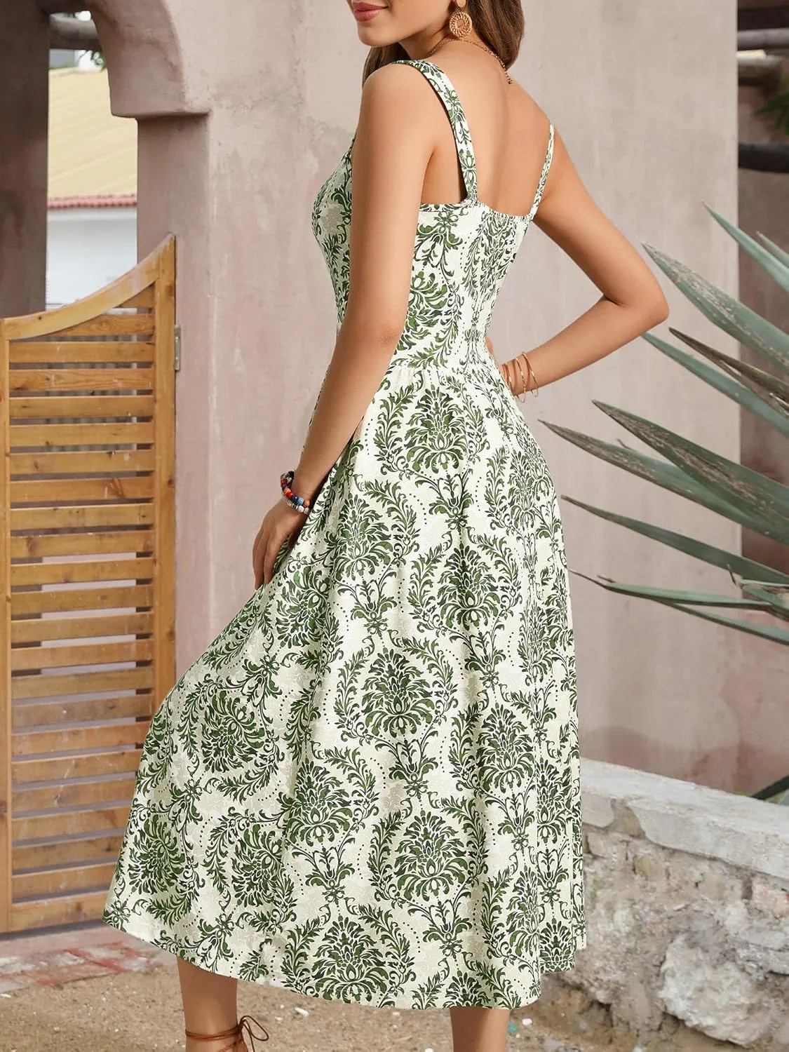 FENSACE Women's Summer Strapped Square Neck Boho Floral A Line Midi Dress with Pockets