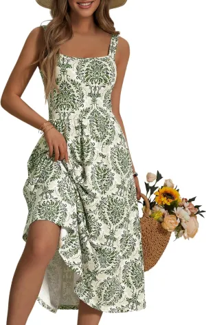 FENSACE Women's Summer Strapped Square Neck Boho Floral A Line Midi Dress with Pockets