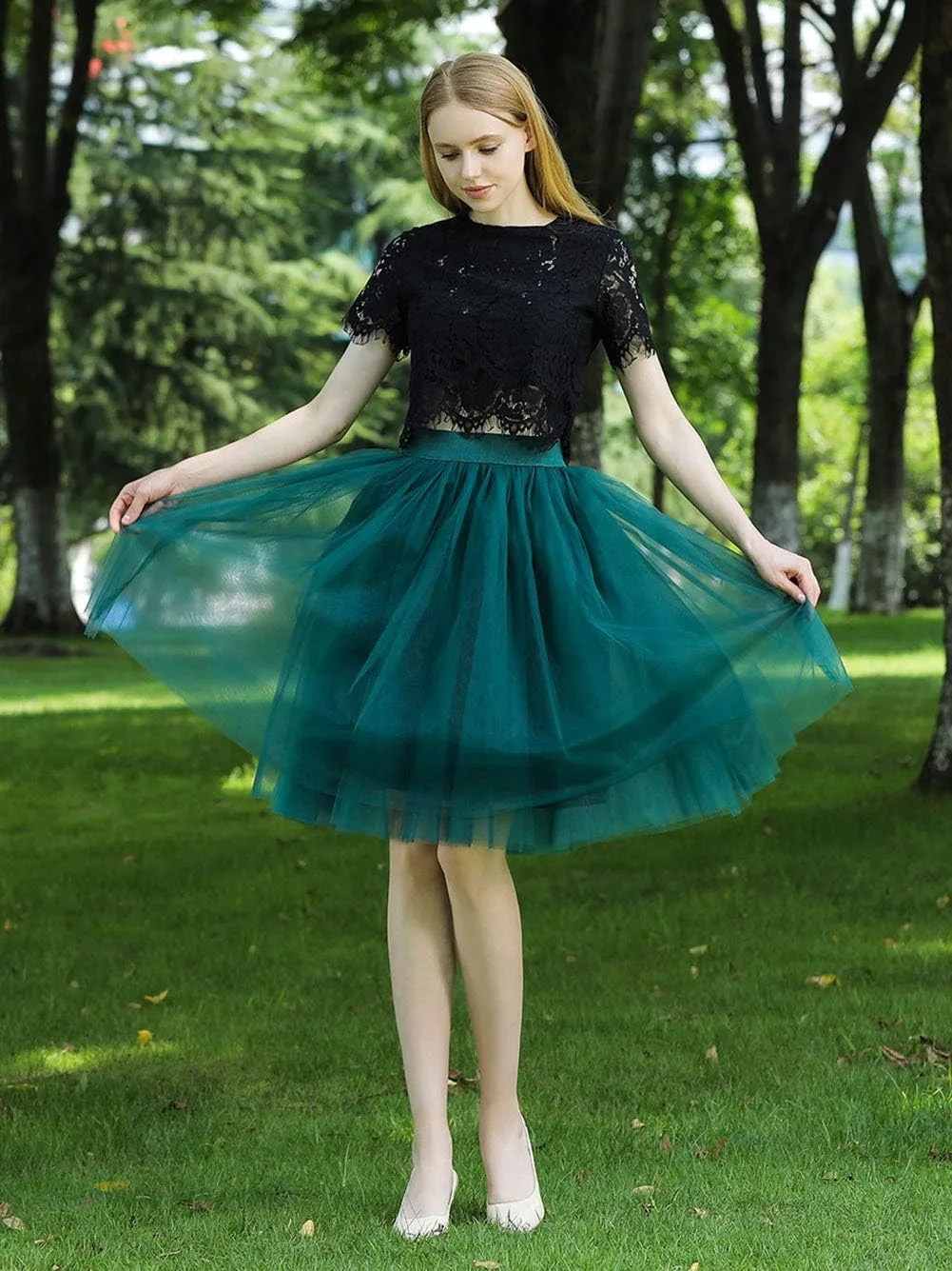 FEOYA Women Tutu Skirts 5 Layered Knee Length Tulle Skirt A-line Pleated Princess Skirts Evening Gown Prom Wedding Skirt
