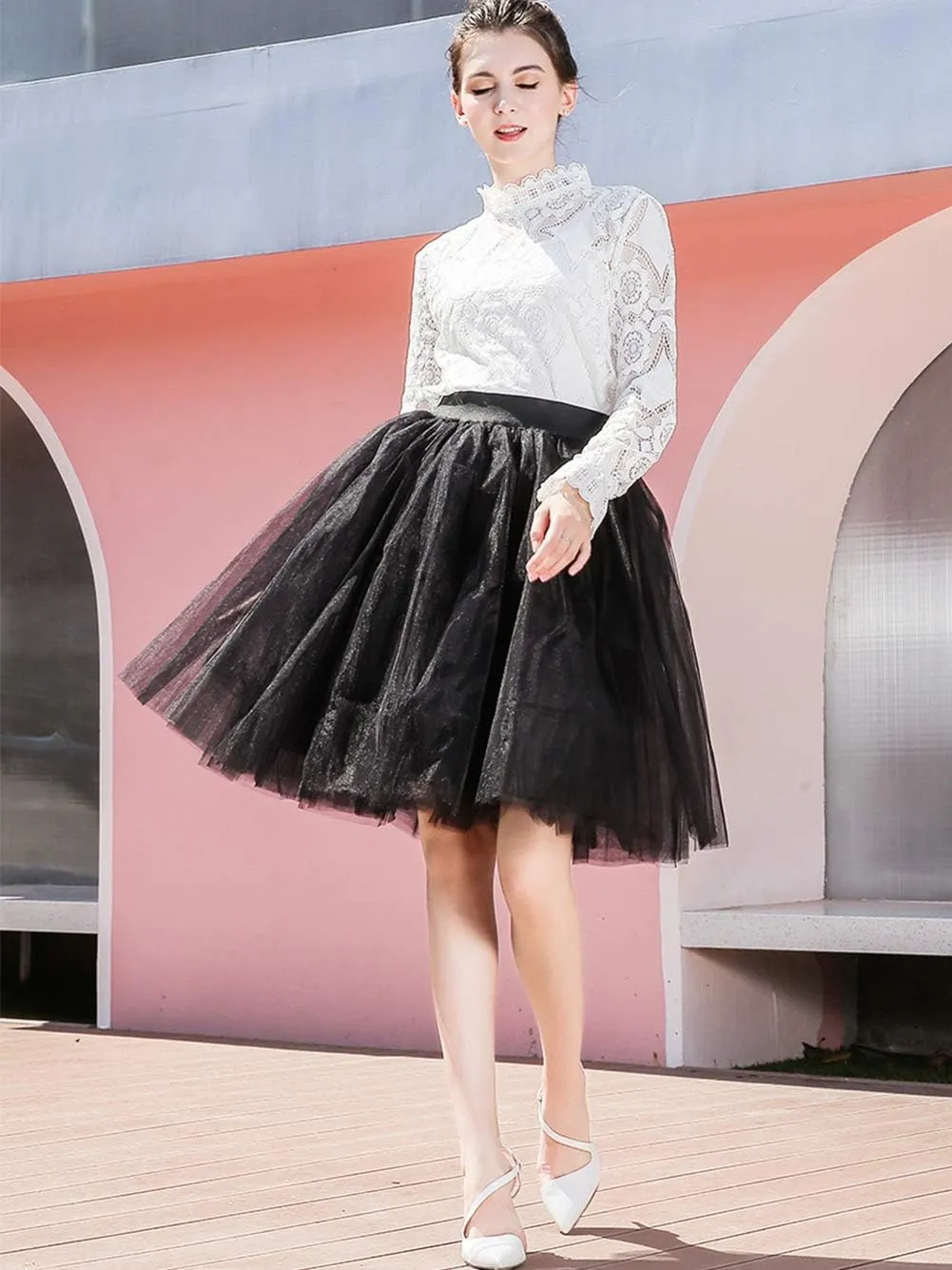 FEOYA Women Tutu Skirts 5 Layered Knee Length Tulle Skirt A-line Pleated Princess Skirts Evening Gown Prom Wedding Skirt