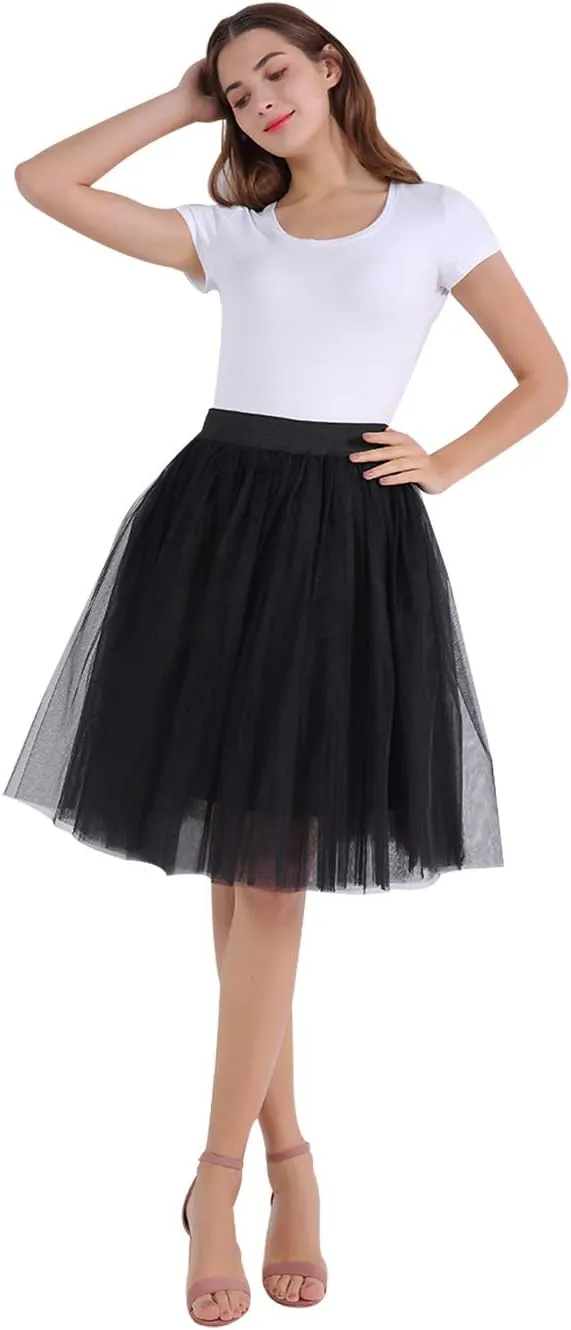 FEOYA Women Tutu Skirts 5 Layered Knee Length Tulle Skirt A-line Pleated Princess Skirts Evening Gown Prom Wedding Skirt
