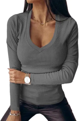 Fessceruna Womens Long Sleeve Shirts Tops Deep V Neck Ribbed Knit Fall Casual Slim Fit Basic Sexy T-Shirt 2024