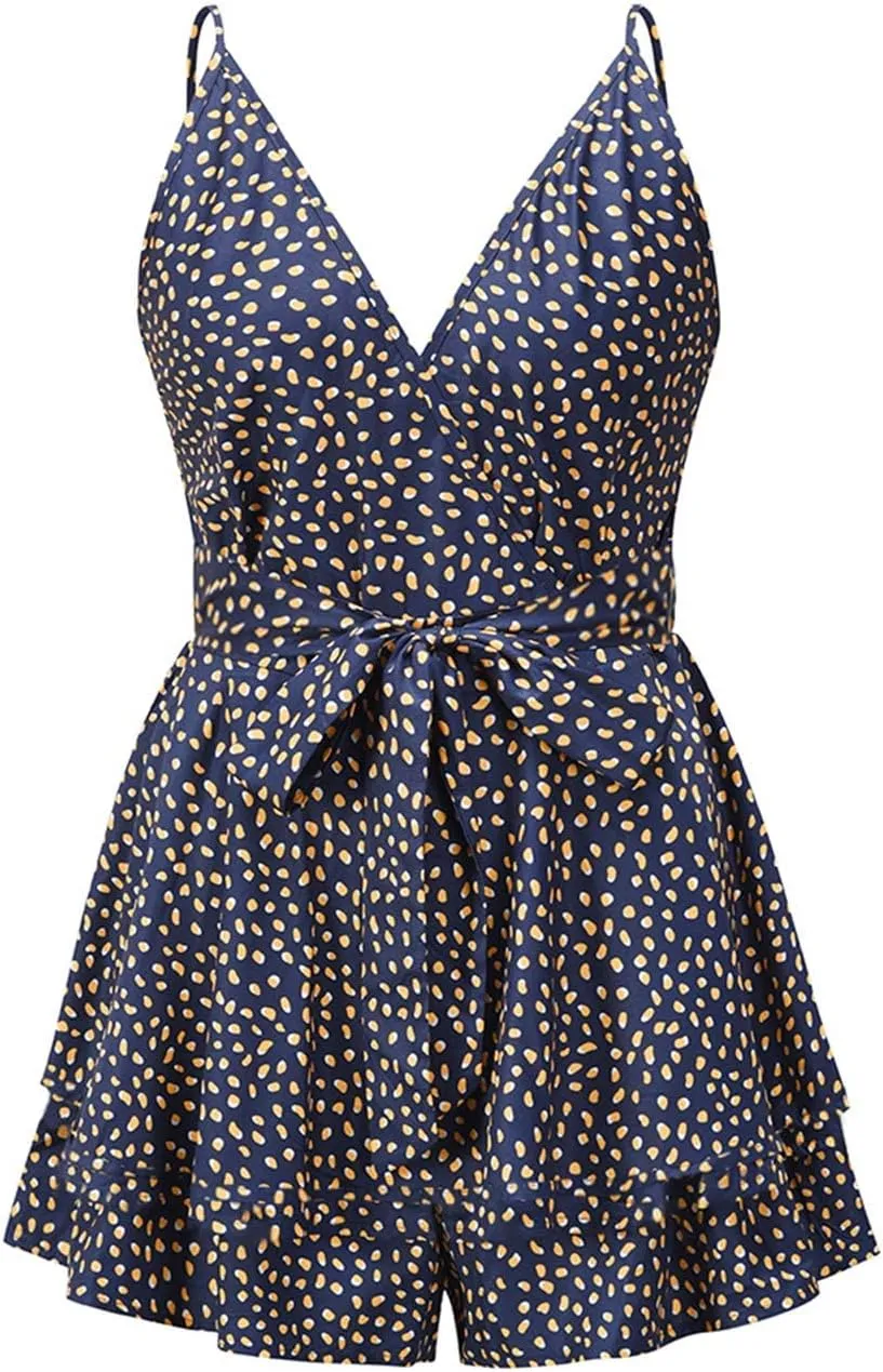 Fixmatti Women Spaghetti Strap Romper V Neck Backless Ruffle Chiffon Shorts Jumpsuit Playsuit