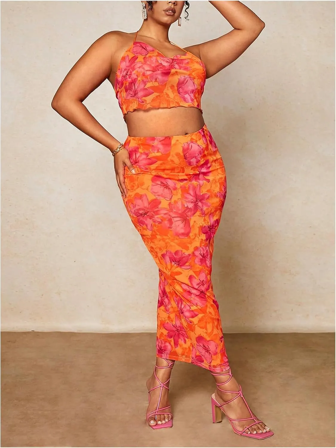 Floerns Women's Plus Size Boho Floral Print Pencil Skirt High Waisted Beach Bodycon Long Skirts