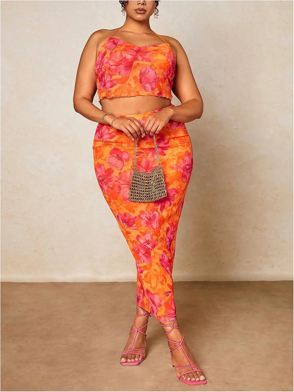 Floerns Women's Plus Size Boho Floral Print Pencil Skirt High Waisted Beach Bodycon Long Skirts