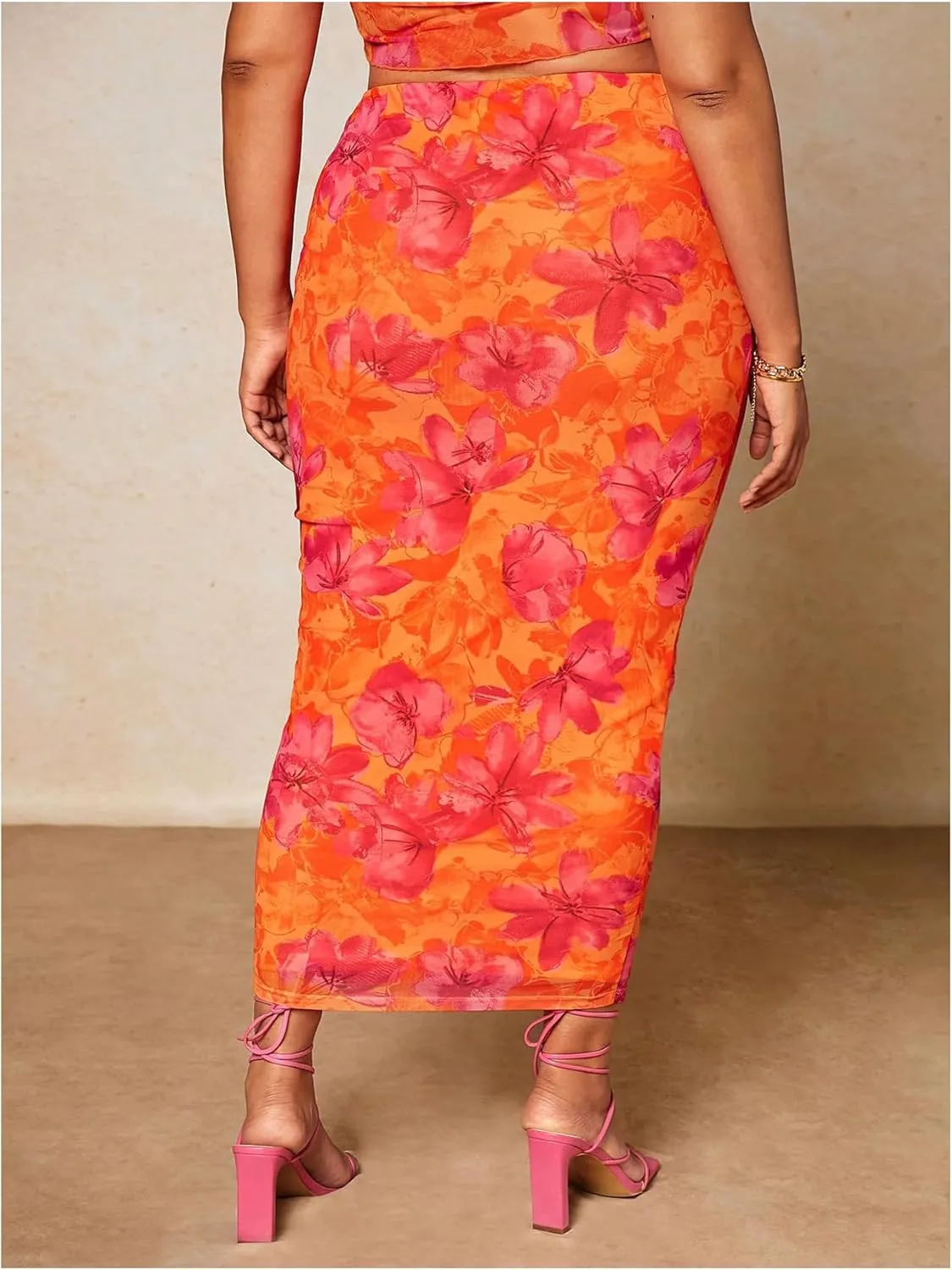 Floerns Women's Plus Size Boho Floral Print Pencil Skirt High Waisted Beach Bodycon Long Skirts