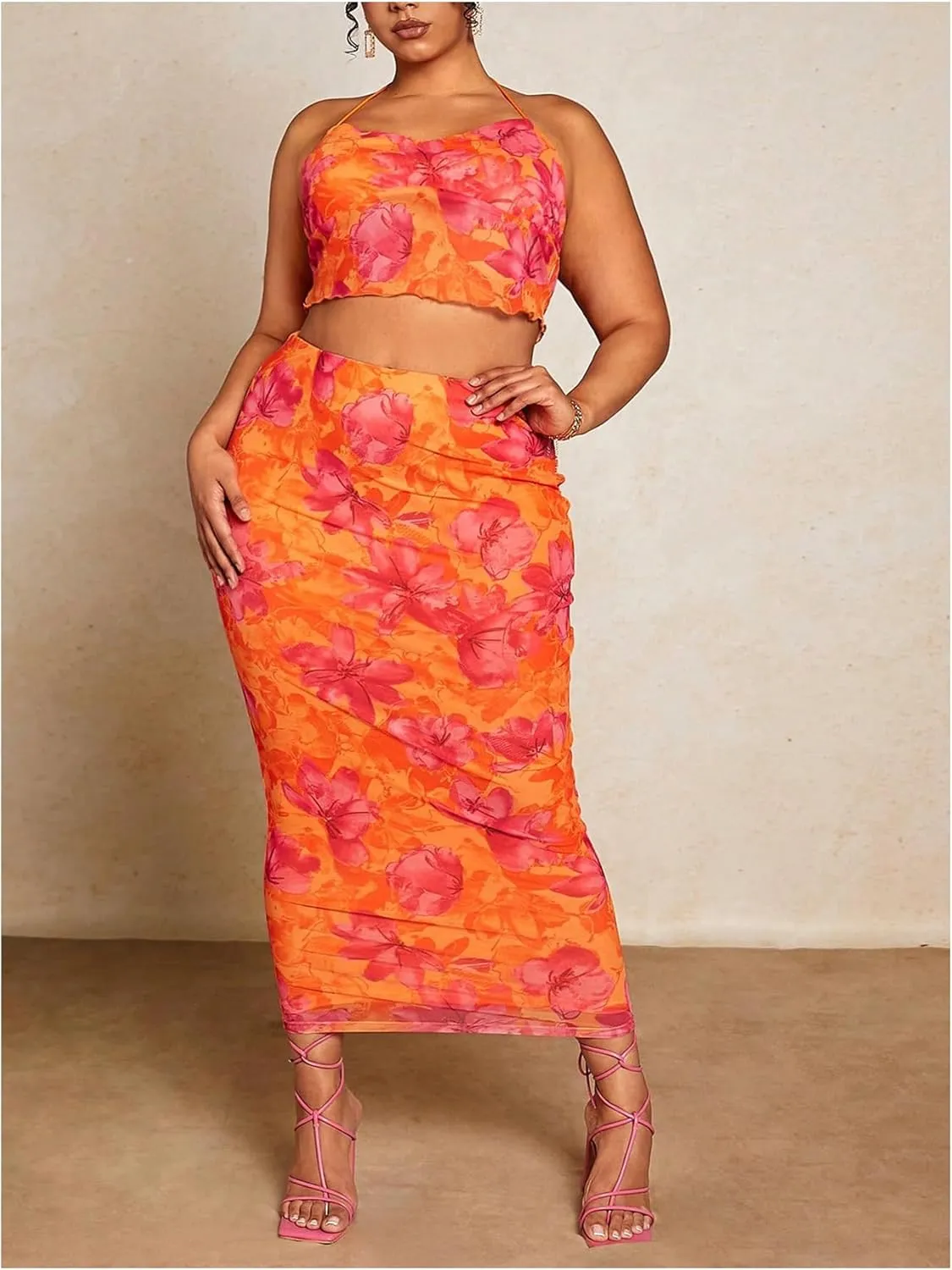Floerns Women's Plus Size Boho Floral Print Pencil Skirt High Waisted Beach Bodycon Long Skirts