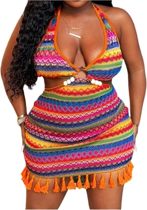 Floerns Women's Plus Size Boho Striped Halter Knit Dress Fringe Cut Out Bodycon Mini Dresses