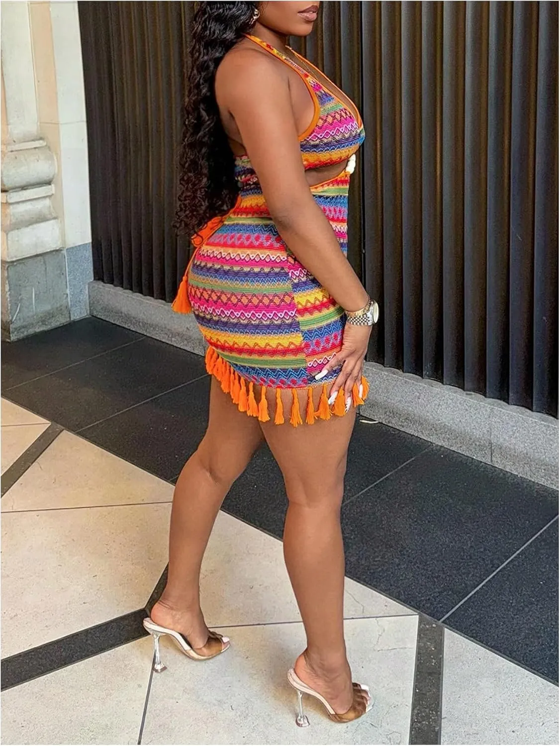 Floerns Women's Plus Size Boho Striped Halter Knit Dress Fringe Cut Out Bodycon Mini Dresses
