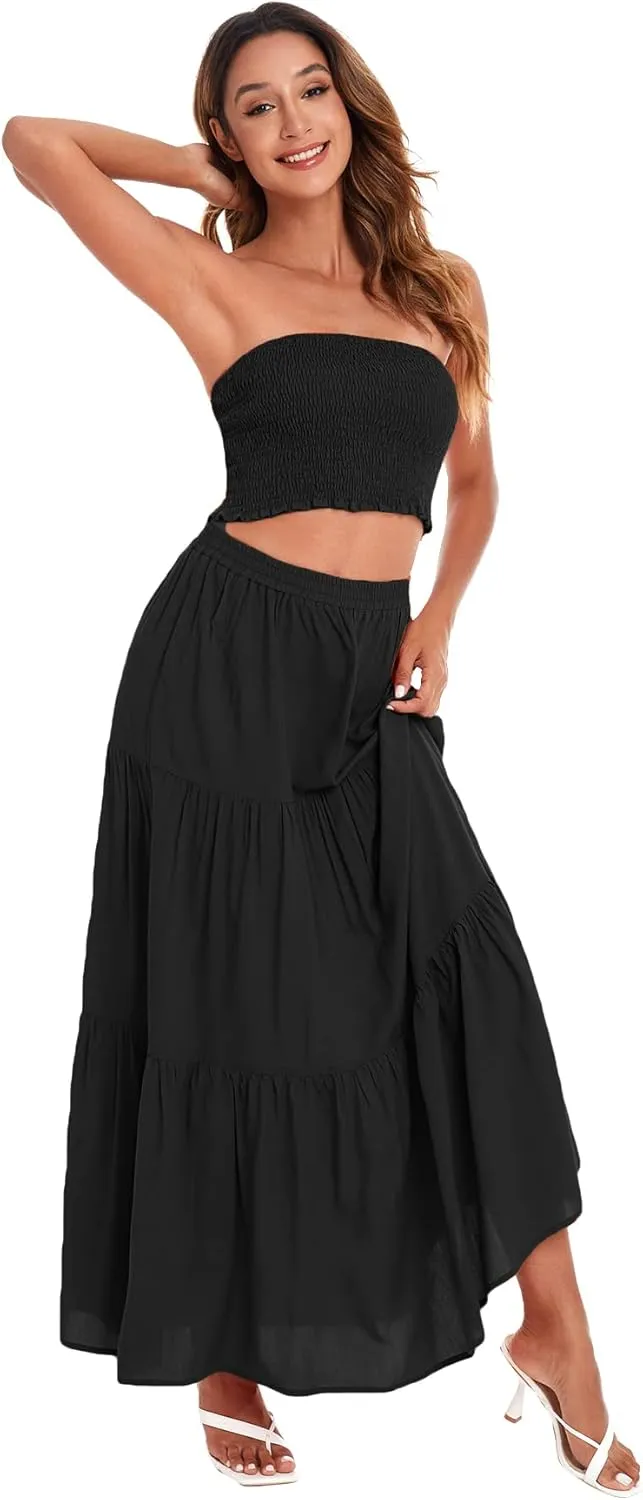 Floerns Women's Summer Printed 2 Piece Outfit Crop Tube Tops and Split Long Skirt Set