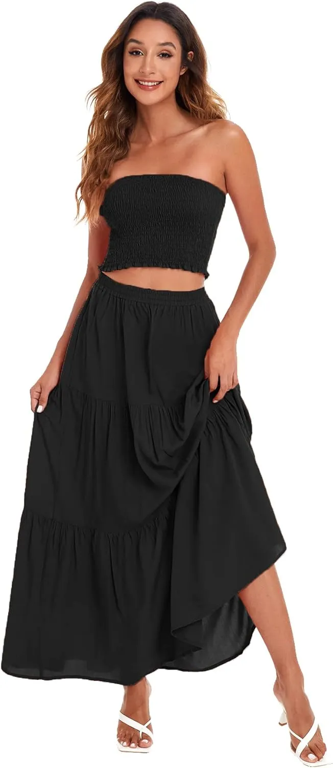 Floerns Women's Summer Printed 2 Piece Outfit Crop Tube Tops and Split Long Skirt Set