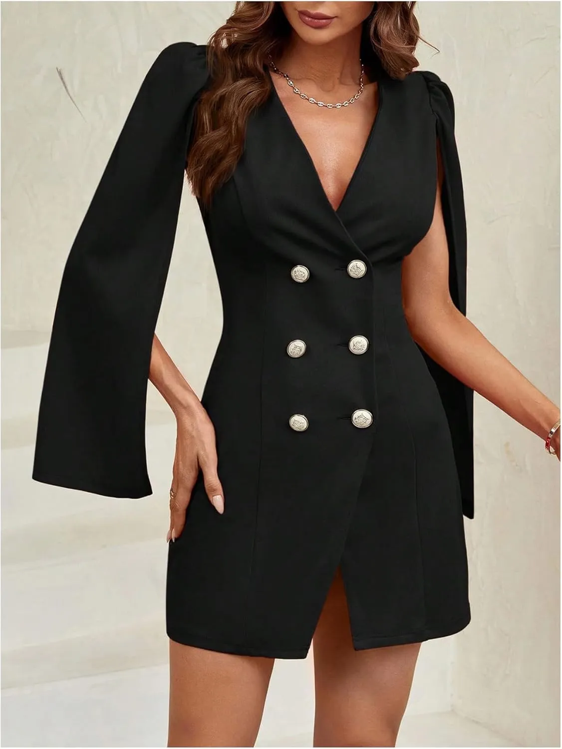 Floerns Women's V Neck Double Breasted Cape Blazer Split Sleeve Elegant Blazer Dress