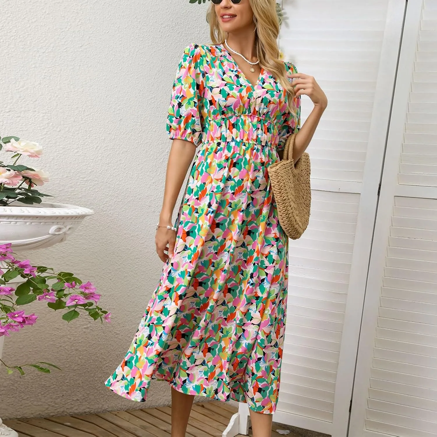 Floral Dress for Women V Neck Short Sleeve Empire Waist Midi Dresses Loose Fit A Line Classy Vintage Vacation Dresses