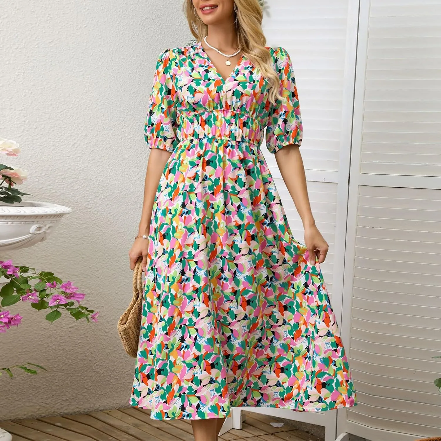 Floral Dress for Women V Neck Short Sleeve Empire Waist Midi Dresses Loose Fit A Line Classy Vintage Vacation Dresses