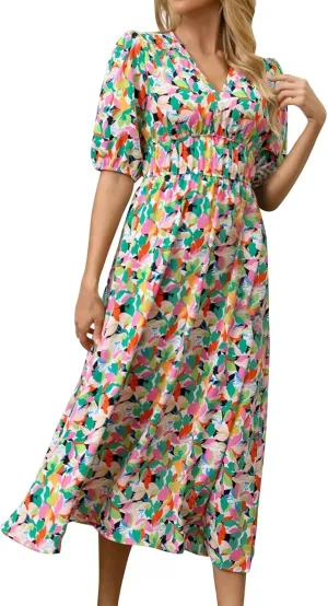 Floral Dress for Women V Neck Short Sleeve Empire Waist Midi Dresses Loose Fit A Line Classy Vintage Vacation Dresses