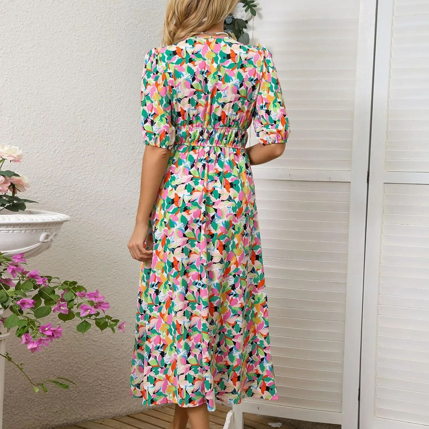 Floral Dress for Women V Neck Short Sleeve Empire Waist Midi Dresses Loose Fit A Line Classy Vintage Vacation Dresses