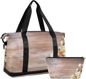 Flowers on Wooden Sports Gym Bag with Waterproof Dry Wet Pocket, Travel Duffel Bag for Women MenWorkout Bag Fits Yoga, Swimming