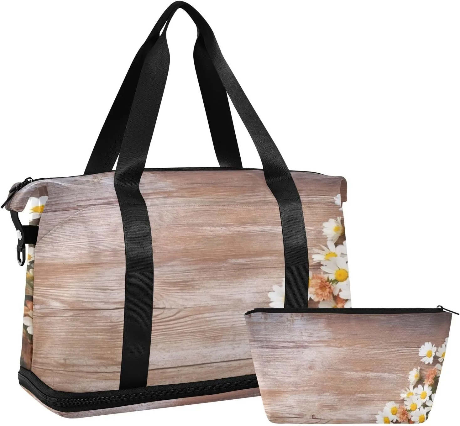 Flowers on Wooden Sports Gym Bag with Waterproof Dry Wet Pocket, Travel Duffel Bag for Women MenWorkout Bag Fits Yoga, Swimming