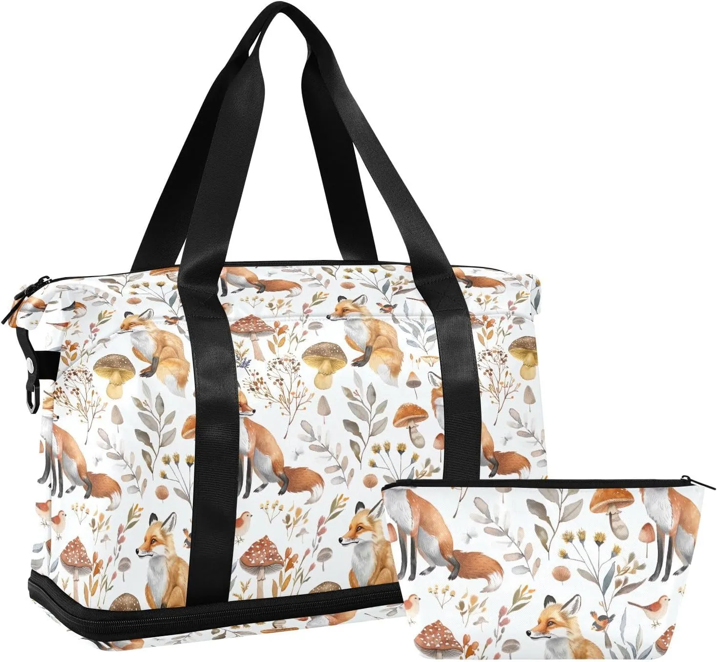 Fox and Mushroom Sports Gym Bag with Waterproof Dry Wet Pocket, Travel Duffel Bag for Women MenWorkout Bag Fits Yoga, Swimming
