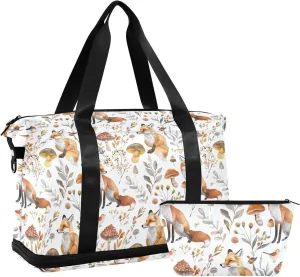 Fox and Mushroom Sports Gym Bag with Waterproof Dry Wet Pocket, Travel Duffel Bag for Women MenWorkout Bag Fits Yoga, Swimming