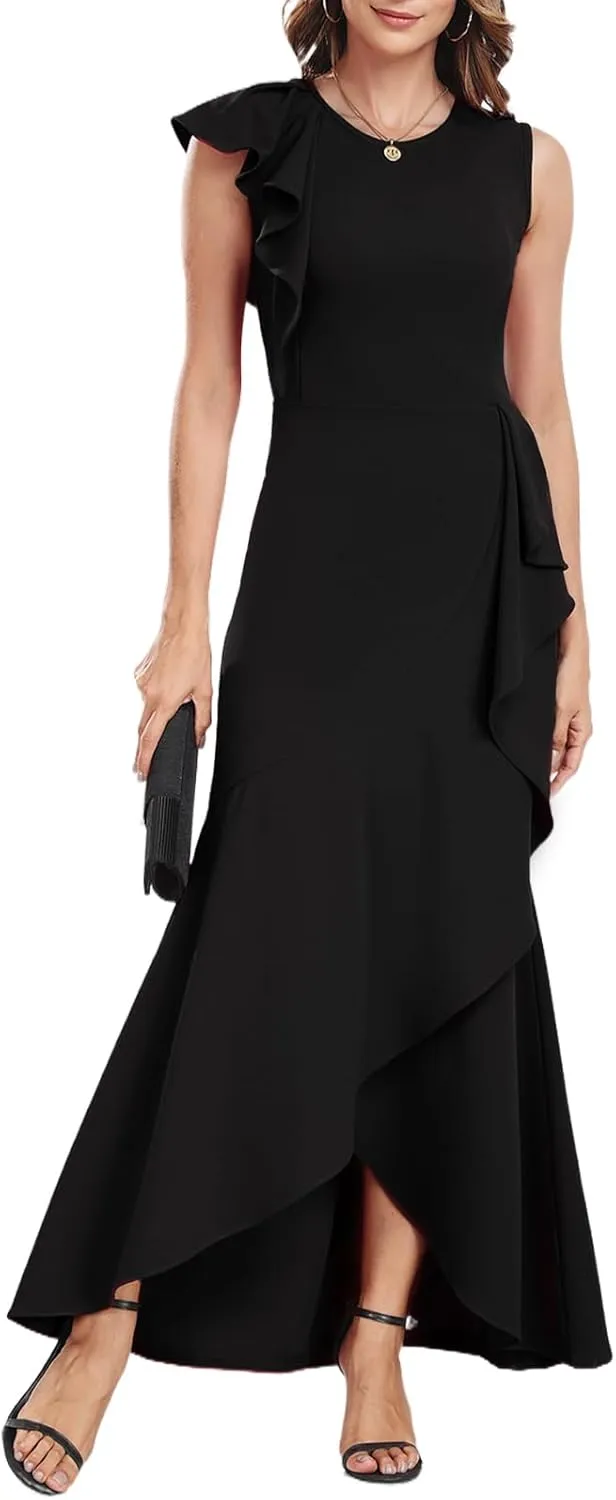FQA Long Formal Dresses for Women Black Cocktail Evening Gowns Elegant Ruffled Sleeve