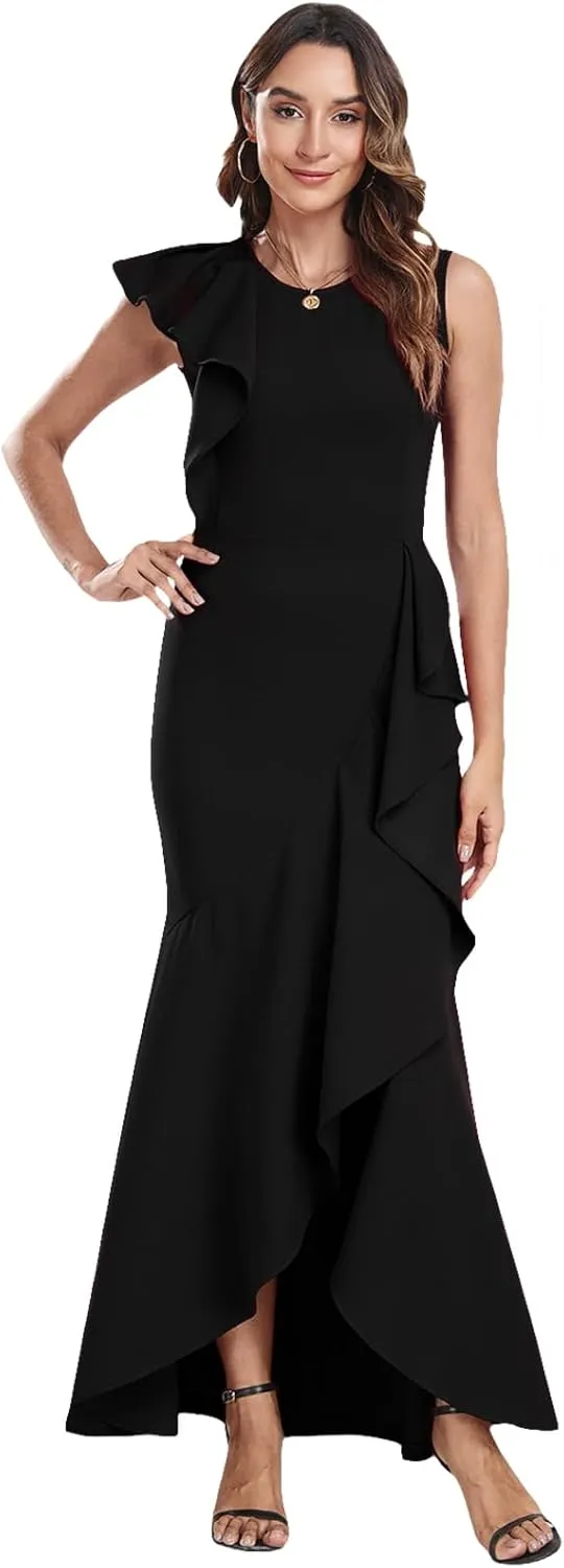 FQA Long Formal Dresses for Women Black Cocktail Evening Gowns Elegant Ruffled Sleeve