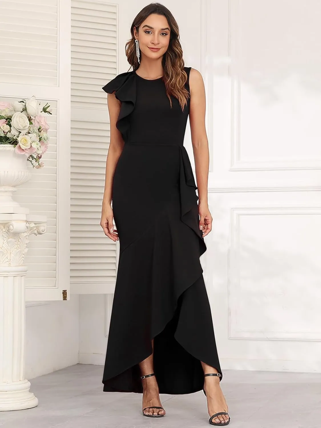 FQA Long Formal Dresses for Women Black Cocktail Evening Gowns Elegant Ruffled Sleeve