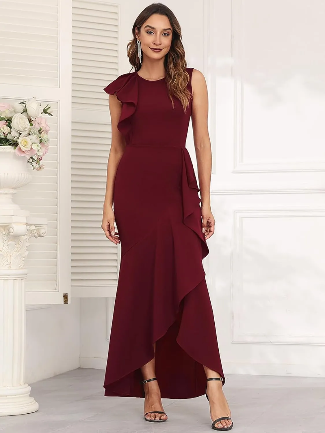 FQA Long Formal Dresses for Women Black Cocktail Evening Gowns Elegant Ruffled Sleeve