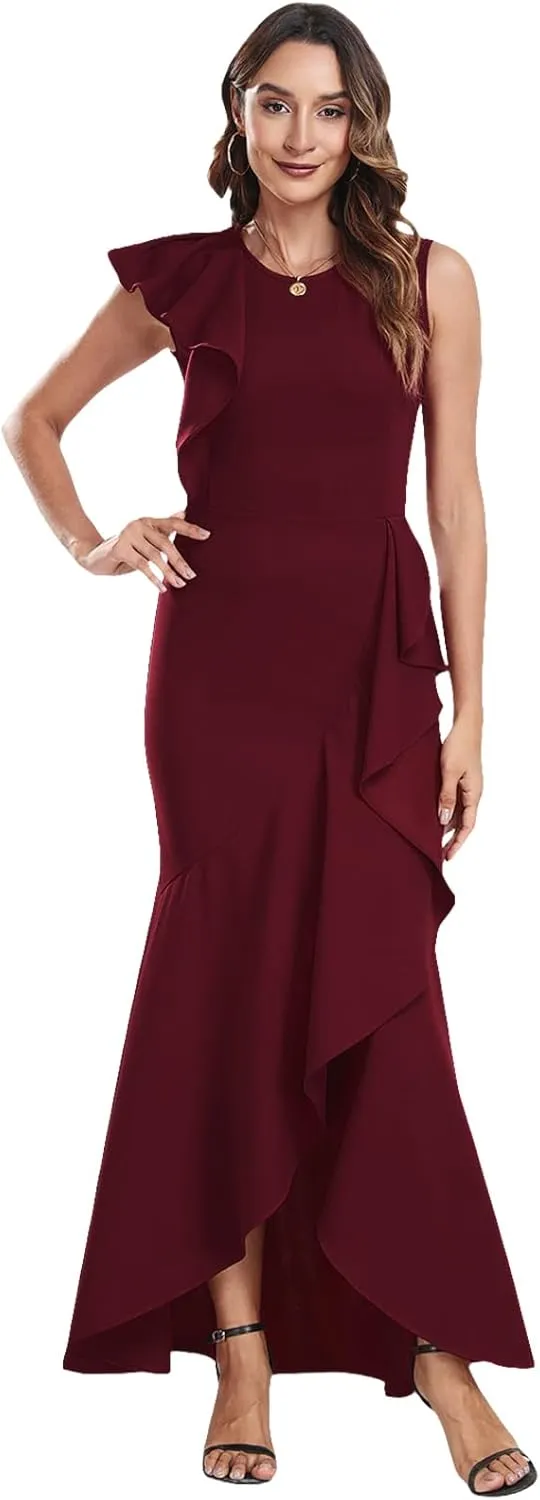 FQA Long Formal Dresses for Women Black Cocktail Evening Gowns Elegant Ruffled Sleeve