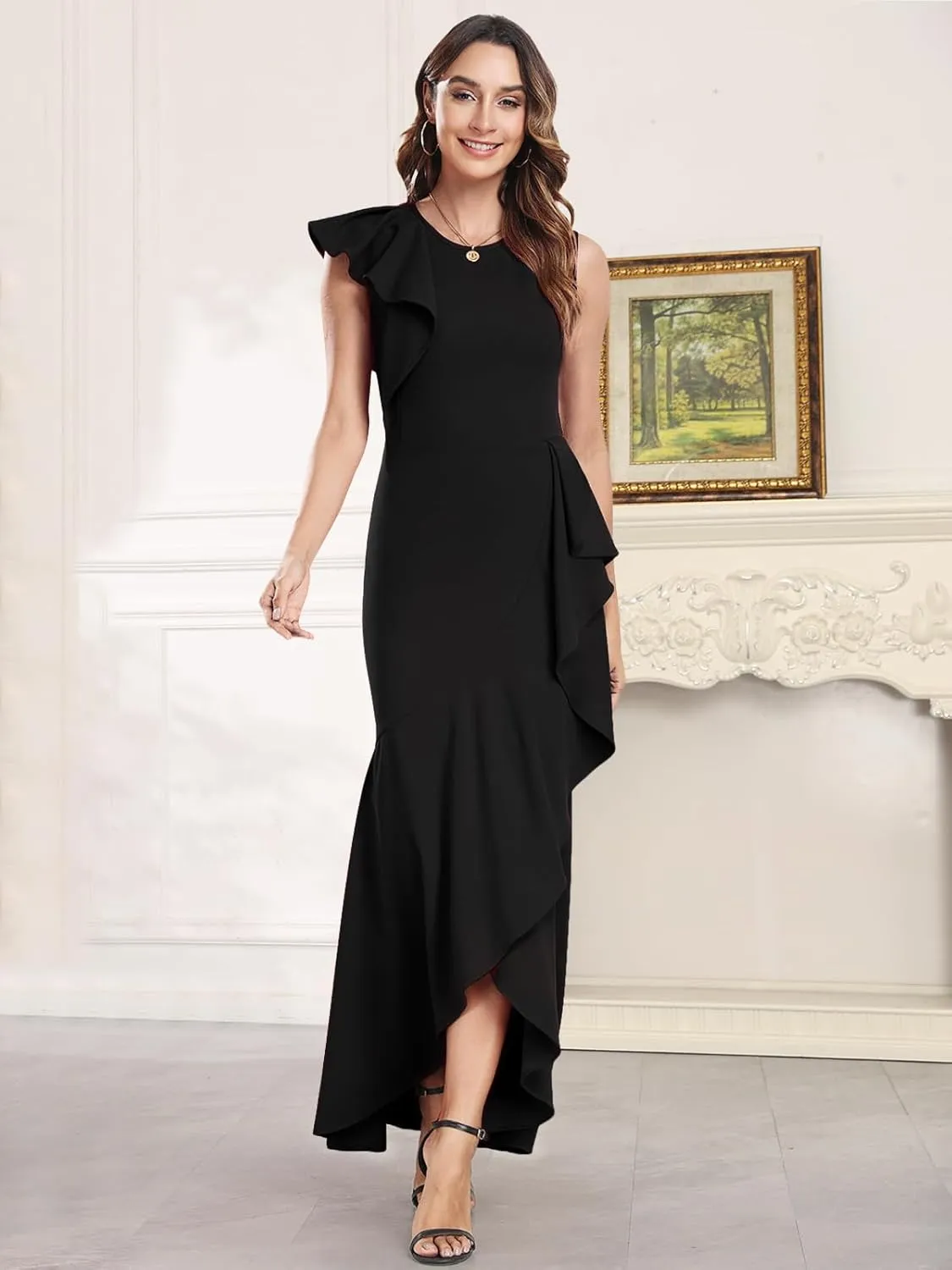 FQA Long Formal Dresses for Women Black Cocktail Evening Gowns Elegant Ruffled Sleeve