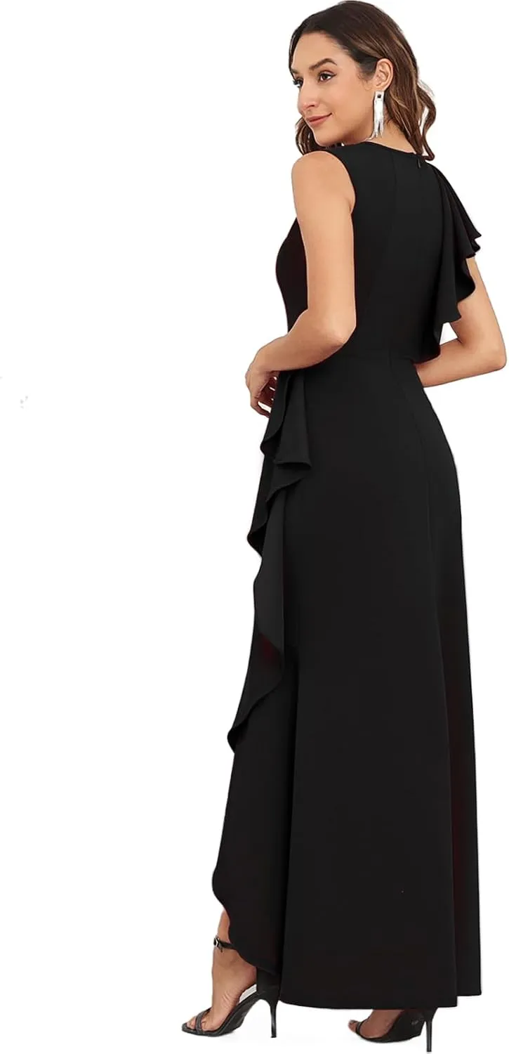 FQA Long Formal Dresses for Women Black Cocktail Evening Gowns Elegant Ruffled Sleeve