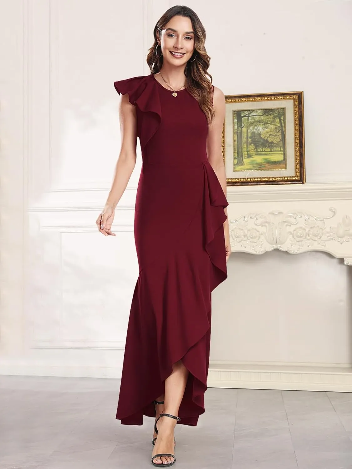 FQA Long Formal Dresses for Women Black Cocktail Evening Gowns Elegant Ruffled Sleeve